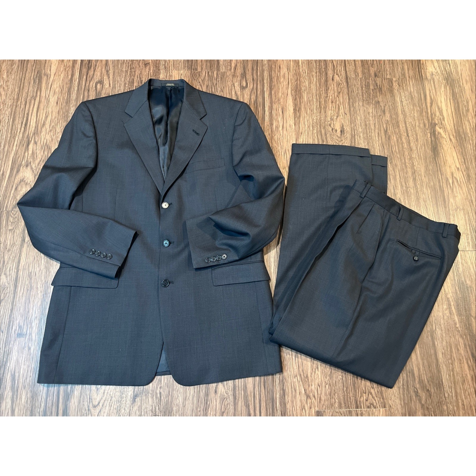 Hart Schaffner Marx Suit Mens Size 42l Wool Cuffed Pants 40x32 Gray Blue